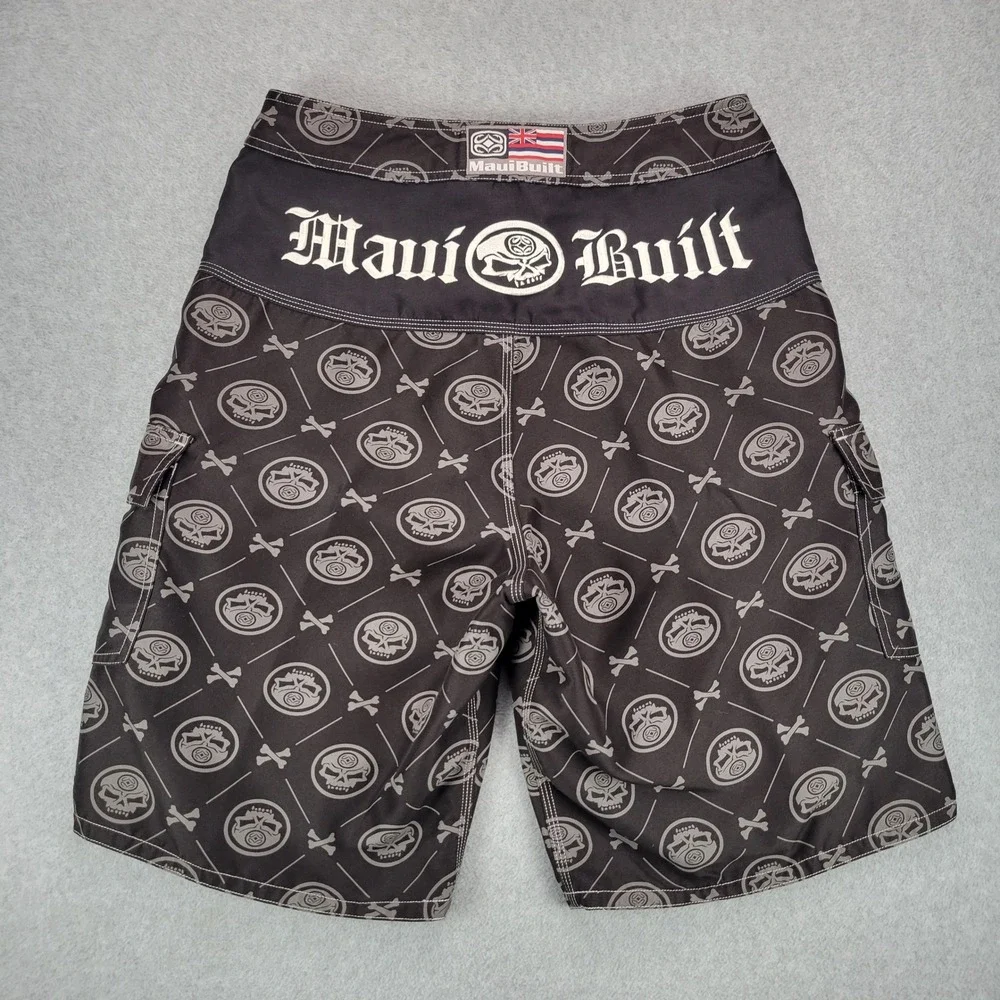 Maui Built Board Shorts Mens 32 Black Skull Crossbones Cargo Surf Trunks